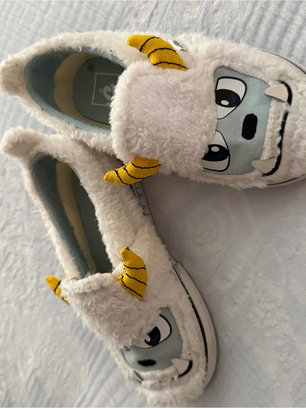 Vans White Fuzzy Monster Slip-On Kids Shoes with Yellow Horns
